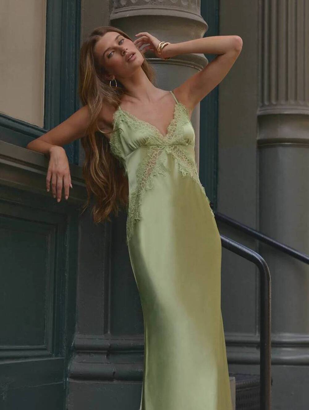 Peppermayo Winona Night Lace Satin Maxi Slip Dress Green Size 4 NWT - Picture 2 of 8